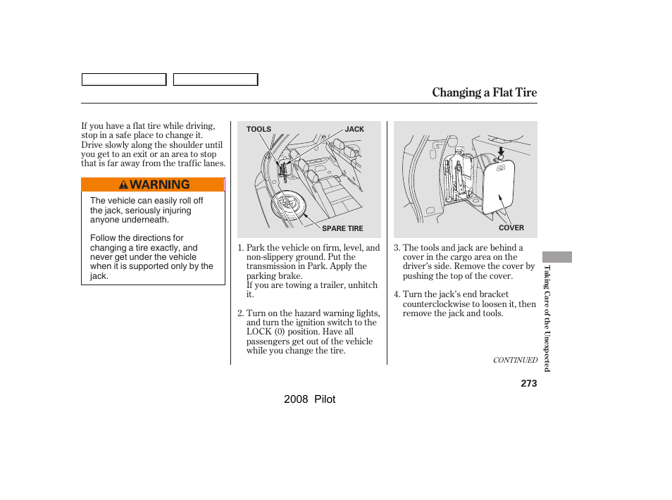 Changing a flat tire, 2008 pilot | HONDA 2008 Pilot User Manual | Page 277 / 329