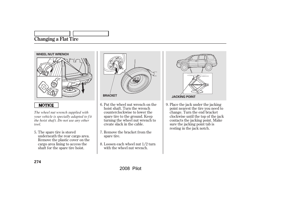 Changing a flat tire | HONDA 2008 Pilot User Manual | Page 278 / 329