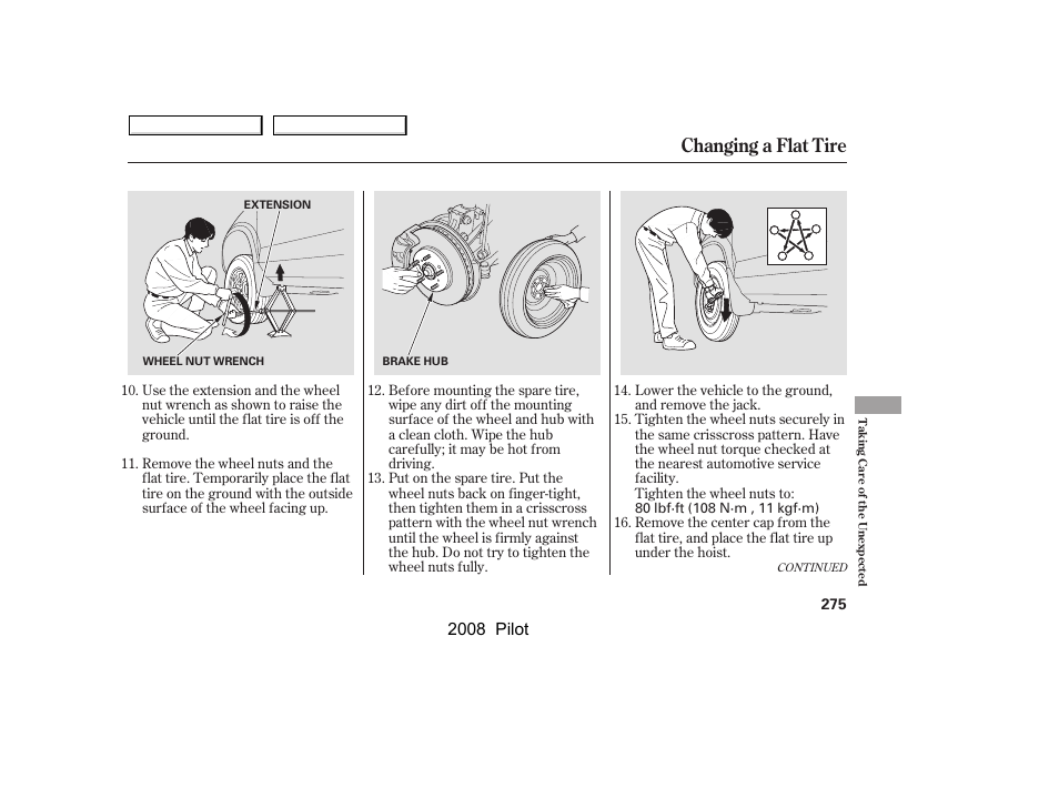 Changing a flat tire, 2008 pilot | HONDA 2008 Pilot User Manual | Page 279 / 329