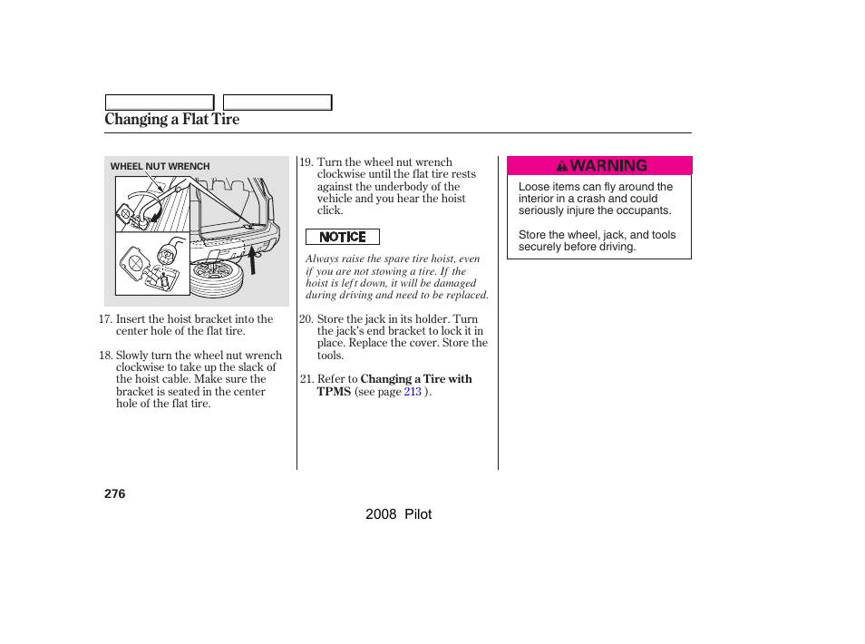 Changing a flat tire | HONDA 2008 Pilot User Manual | Page 280 / 329