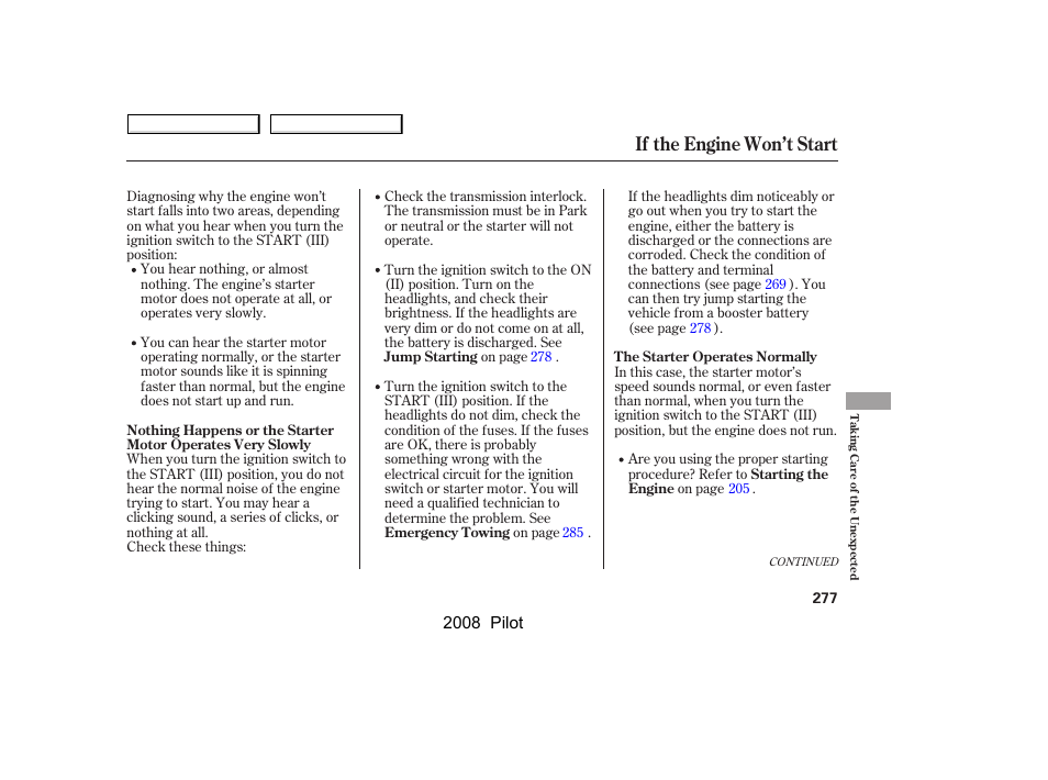 If the engine won’t start, 2008 pilot | HONDA 2008 Pilot User Manual | Page 281 / 329