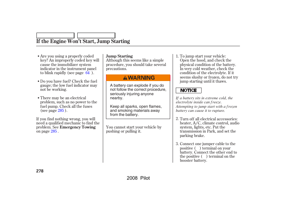 If the engine won’t start, jump starting | HONDA 2008 Pilot User Manual | Page 282 / 329