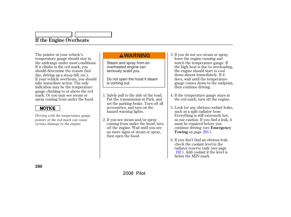 If the engine overheats | HONDA 2008 Pilot User Manual | Page 284 / 329