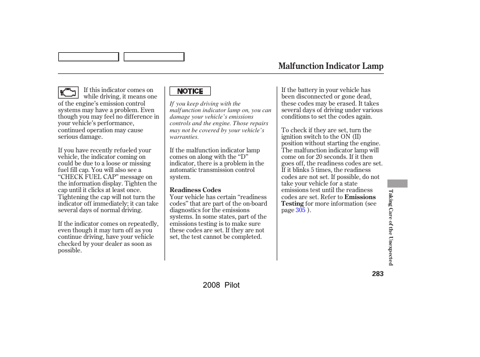 Malfunction indicator lamp, 2008 pilot | HONDA 2008 Pilot User Manual | Page 287 / 329