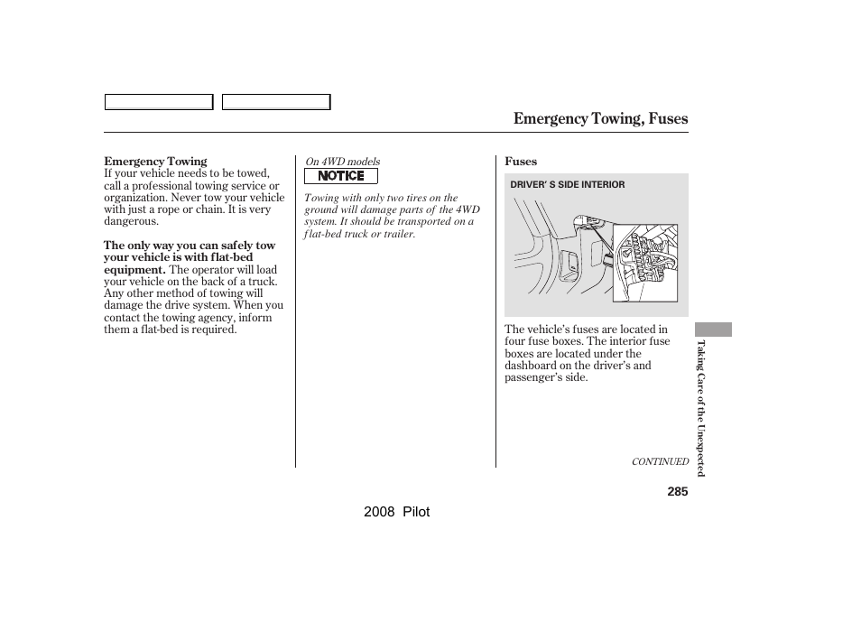 Emergency towing, fuses, 2008 pilot | HONDA 2008 Pilot User Manual | Page 289 / 329