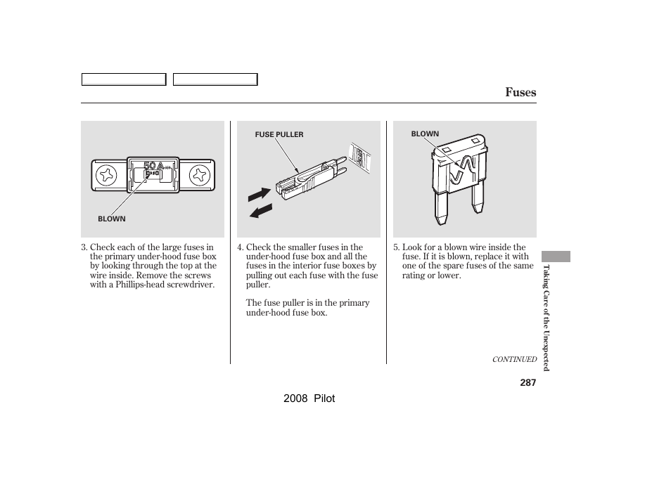 Fuses, 2008 pilot | HONDA 2008 Pilot User Manual | Page 291 / 329