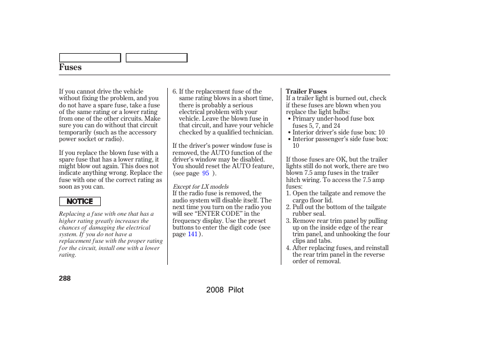 Fuses | HONDA 2008 Pilot User Manual | Page 292 / 329