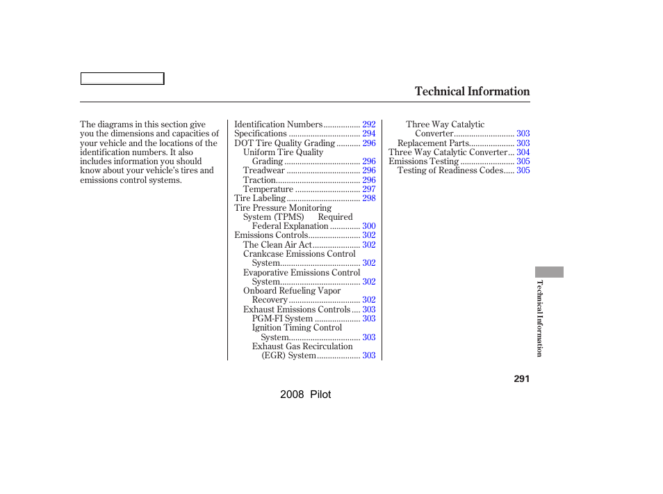 Technical information | HONDA 2008 Pilot User Manual | Page 295 / 329