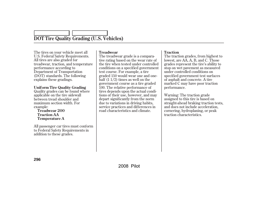 Dot tire quality grading (u.s. vehicles) | HONDA 2008 Pilot User Manual | Page 300 / 329