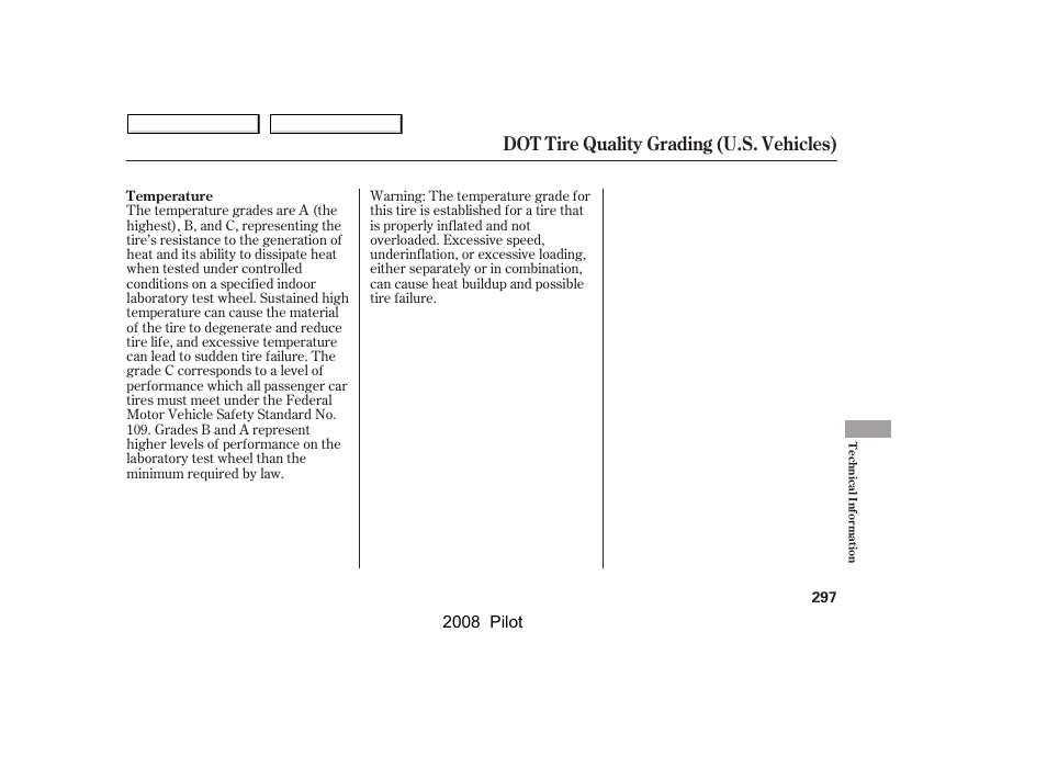 Dot tire quality grading (u.s. vehicles) | HONDA 2008 Pilot User Manual | Page 301 / 329