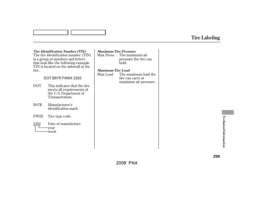 Tire labeling | HONDA 2008 Pilot User Manual | Page 303 / 329