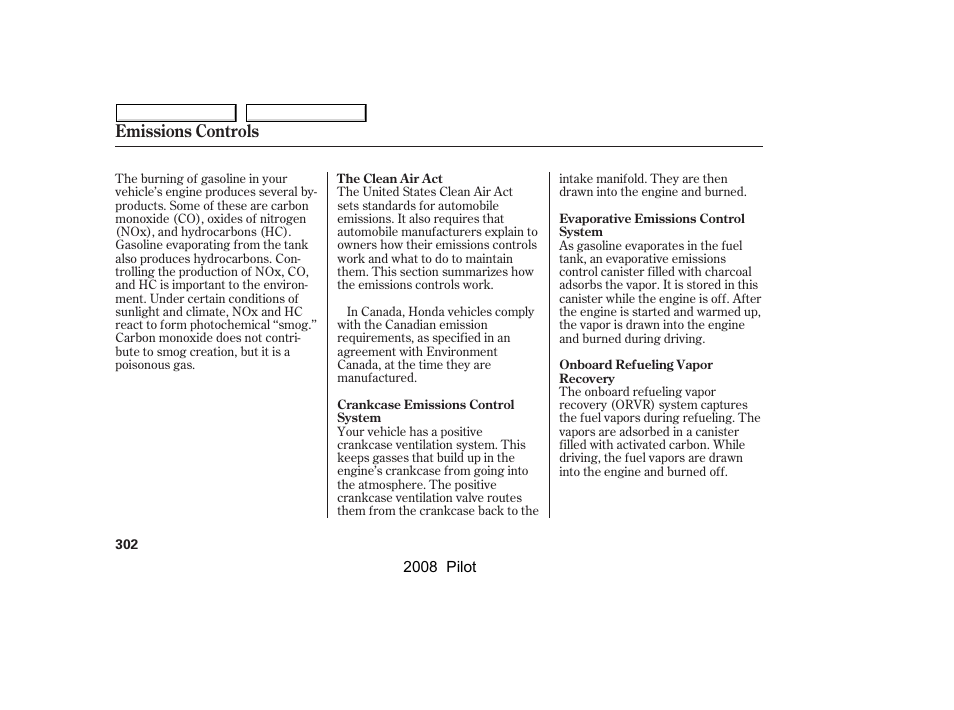 Emissions controls | HONDA 2008 Pilot User Manual | Page 306 / 329