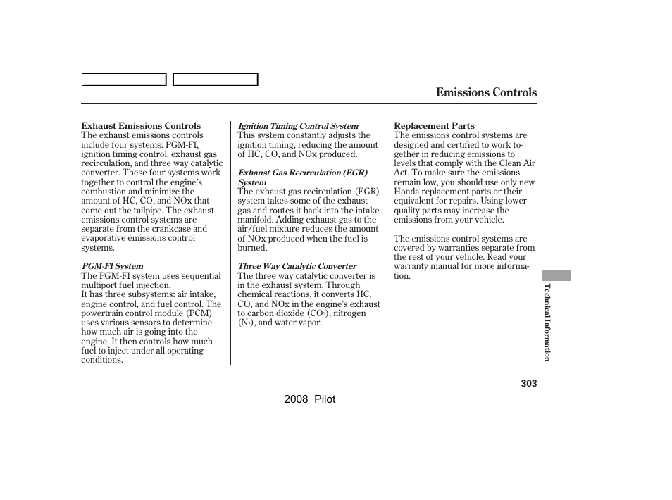 Emissions controls, 2008 pilot | HONDA 2008 Pilot User Manual | Page 307 / 329