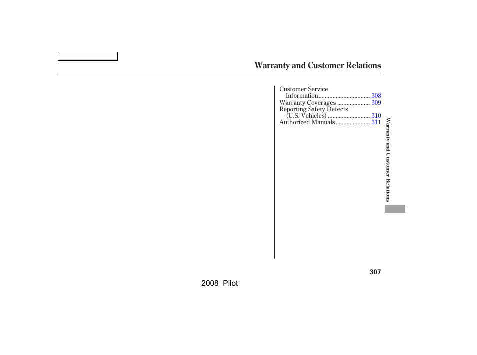 Warranty and customer relations, 2008 pilot | HONDA 2008 Pilot User Manual | Page 311 / 329