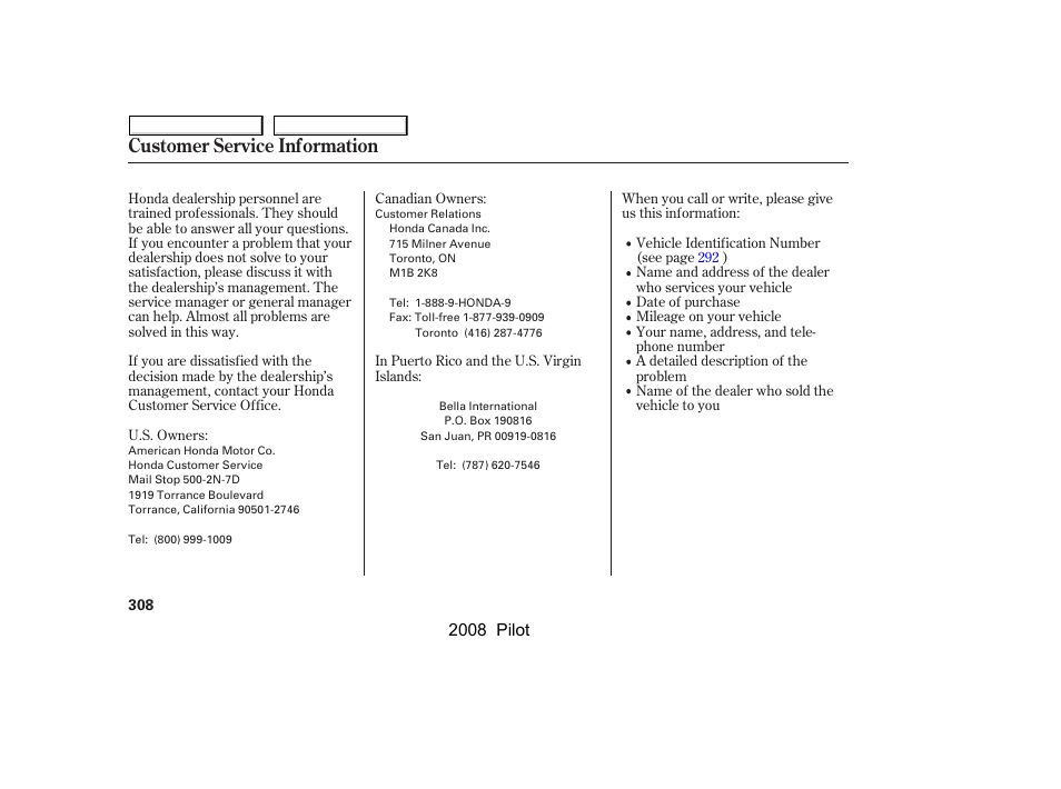 Customer service information, 2008 pilot | HONDA 2008 Pilot User Manual | Page 312 / 329