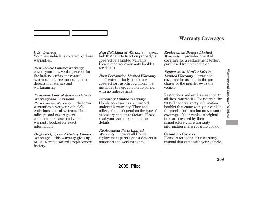 Warranty coverages, 2008 pilot | HONDA 2008 Pilot User Manual | Page 313 / 329