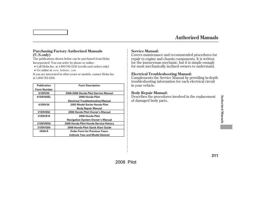 Authorized manuals, 2008 pilot | HONDA 2008 Pilot User Manual | Page 315 / 329