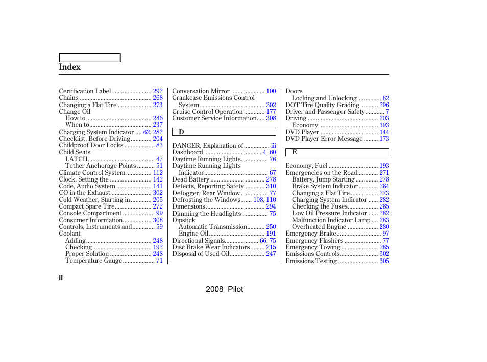 Index | HONDA 2008 Pilot User Manual | Page 318 / 329