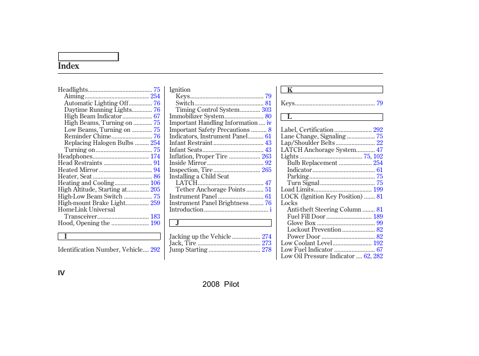 Index | HONDA 2008 Pilot User Manual | Page 320 / 329