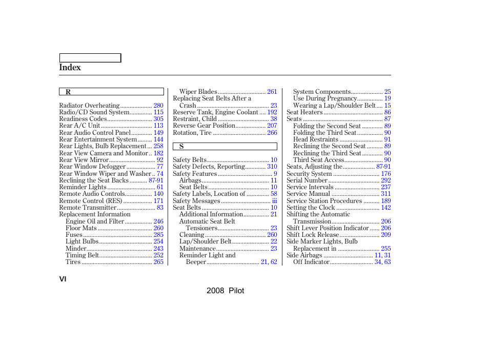 Index | HONDA 2008 Pilot User Manual | Page 322 / 329