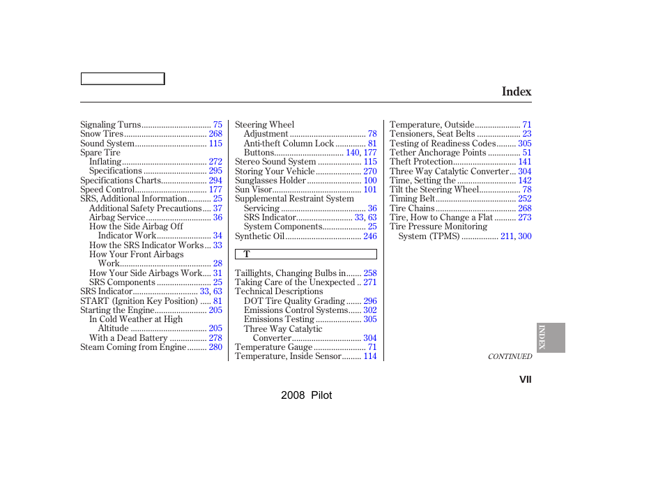 Index | HONDA 2008 Pilot User Manual | Page 323 / 329