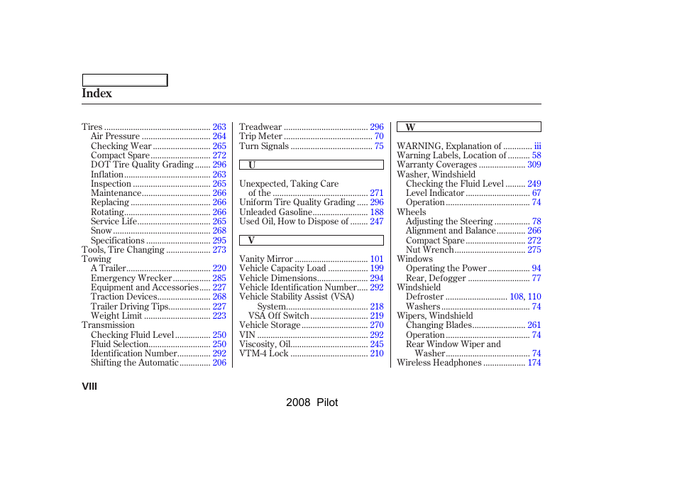 Index | HONDA 2008 Pilot User Manual | Page 324 / 329