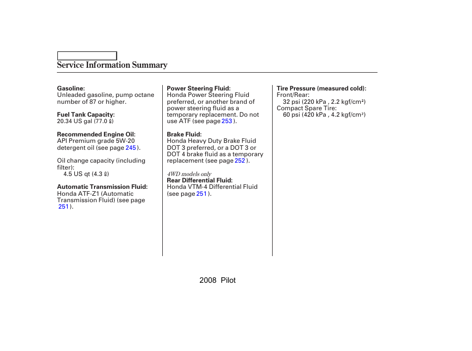 Service information summary | HONDA 2008 Pilot User Manual | Page 328 / 329