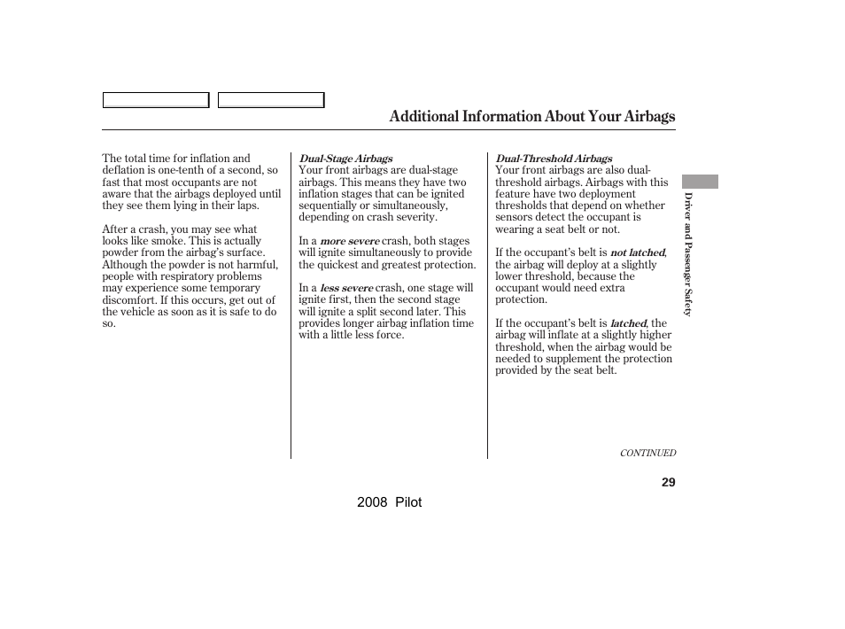 Additional information about your airbags, 2008 pilot | HONDA 2008 Pilot User Manual | Page 33 / 329