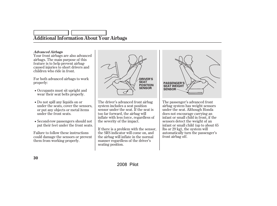 Additional information about your airbags | HONDA 2008 Pilot User Manual | Page 34 / 329