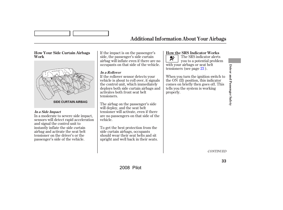 Additional information about your airbags, 2008 pilot | HONDA 2008 Pilot User Manual | Page 37 / 329