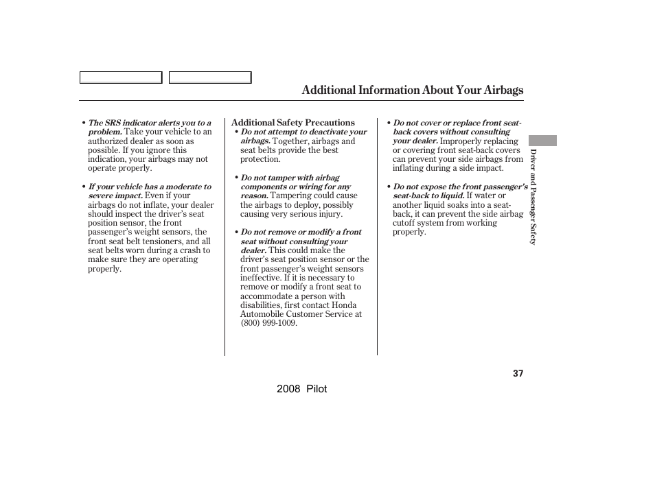 Additional information about your airbags, 2008 pilot | HONDA 2008 Pilot User Manual | Page 41 / 329