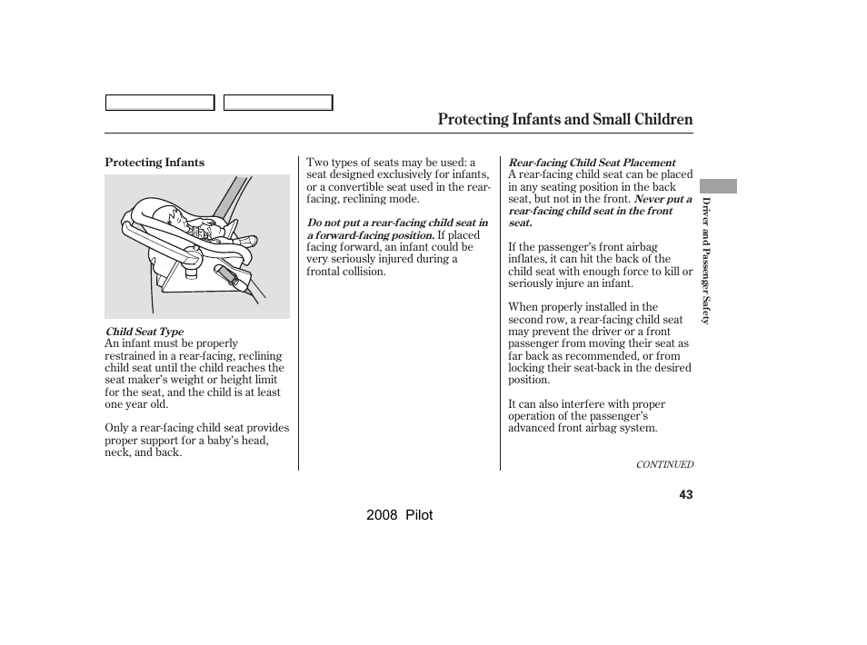 Protecting infants and small children, 2008 pilot | HONDA 2008 Pilot User Manual | Page 47 / 329