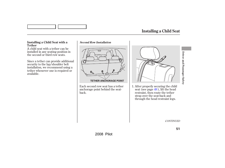 Installing a child seat, 2008 pilot | HONDA 2008 Pilot User Manual | Page 55 / 329