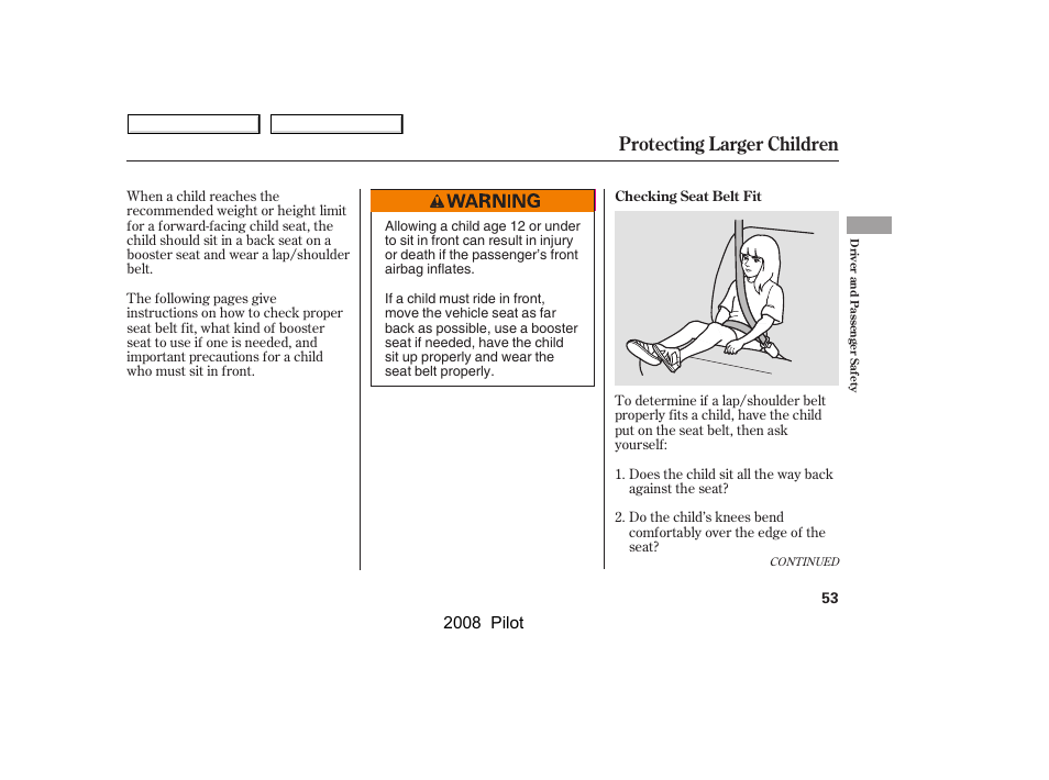 Protecting larger children, 2008 pilot | HONDA 2008 Pilot User Manual | Page 57 / 329