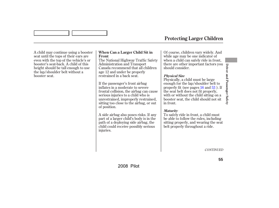 Protecting larger children, 2008 pilot | HONDA 2008 Pilot User Manual | Page 59 / 329