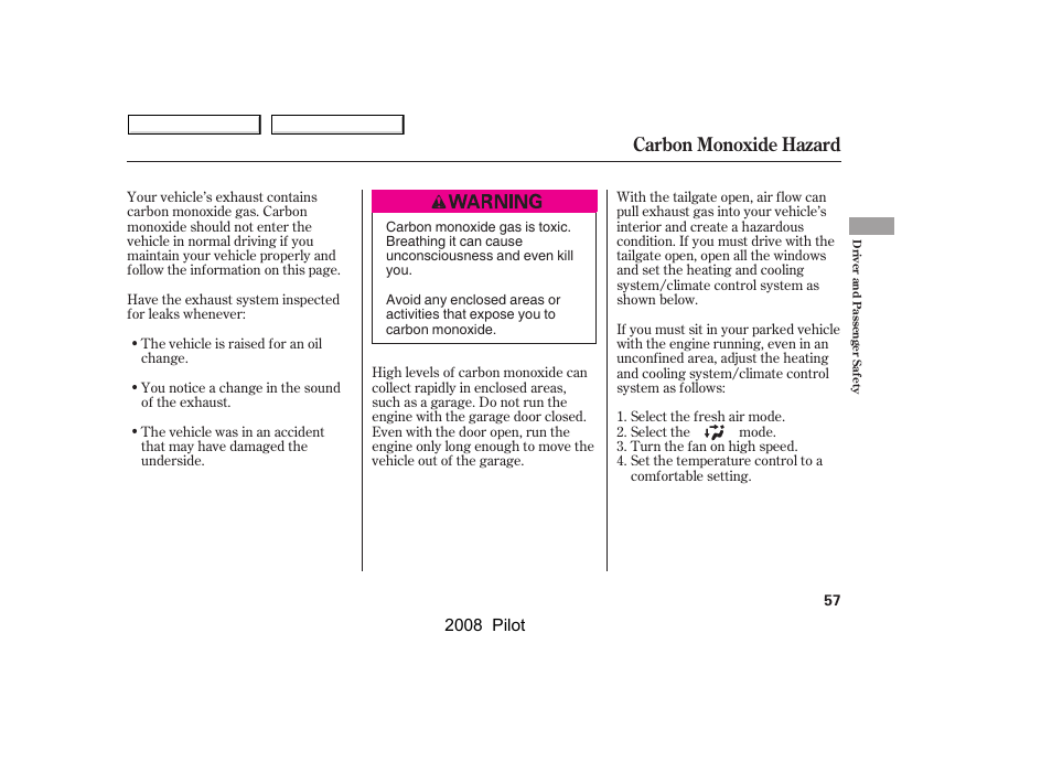 Carbon monoxide hazard | HONDA 2008 Pilot User Manual | Page 61 / 329