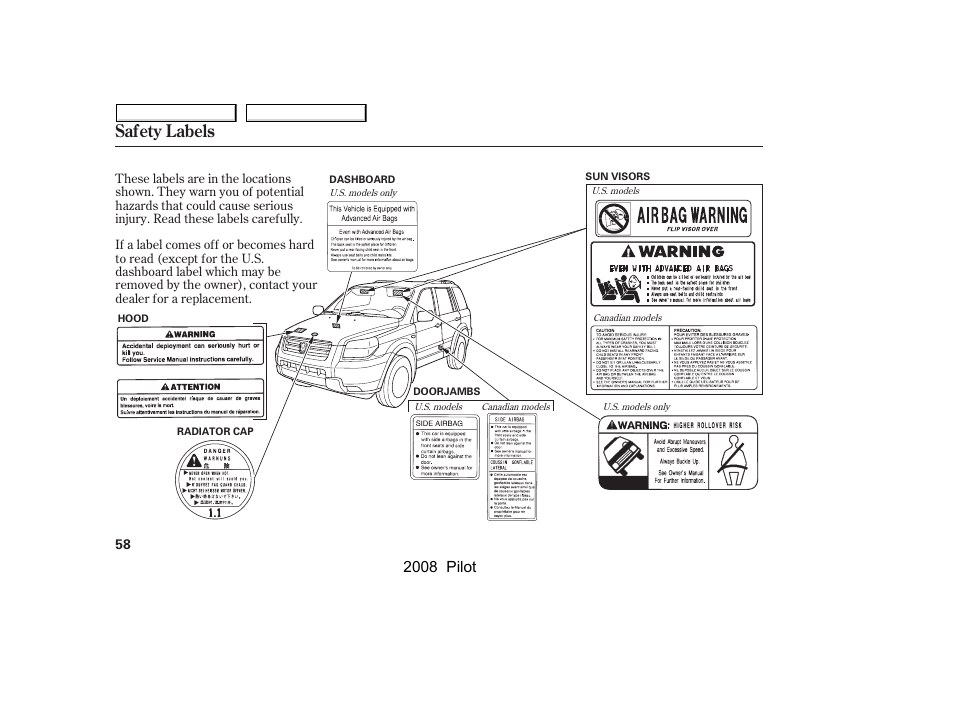 Safety labels, 2008 pilot | HONDA 2008 Pilot User Manual | Page 62 / 329