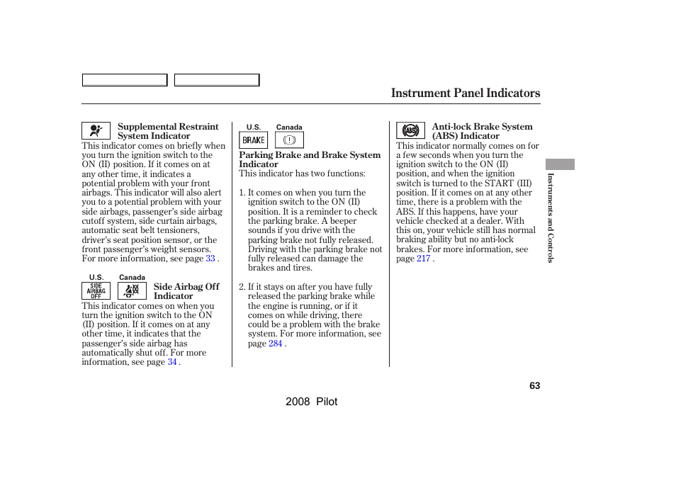 Instrument panel indicators, 2008 pilot | HONDA 2008 Pilot User Manual | Page 67 / 329