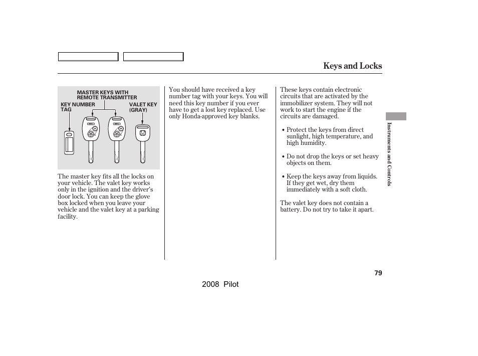 Keys and locks, 2008 pilot | HONDA 2008 Pilot User Manual | Page 83 / 329