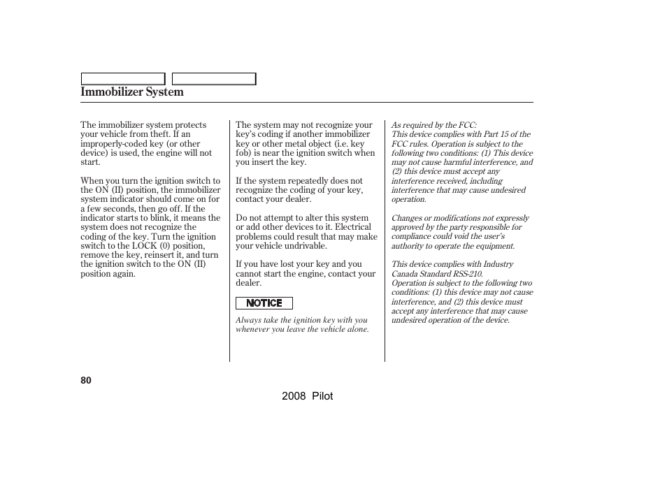 Immobilizer system | HONDA 2008 Pilot User Manual | Page 84 / 329