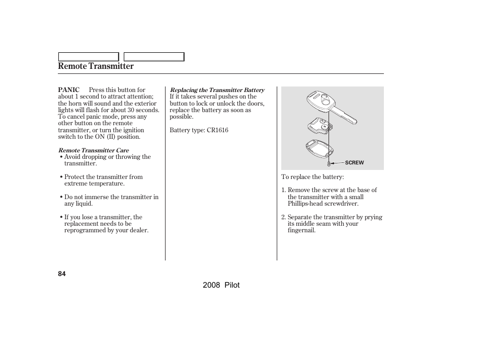 Remote transmitter | HONDA 2008 Pilot User Manual | Page 88 / 329