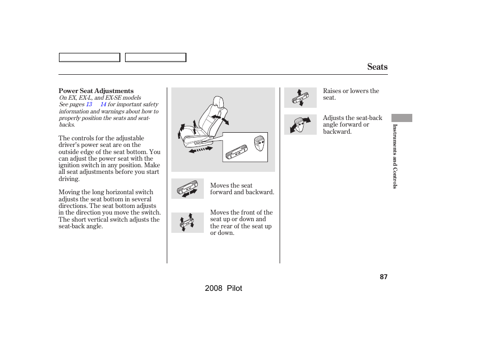 Seats, 2008 pilot | HONDA 2008 Pilot User Manual | Page 91 / 329