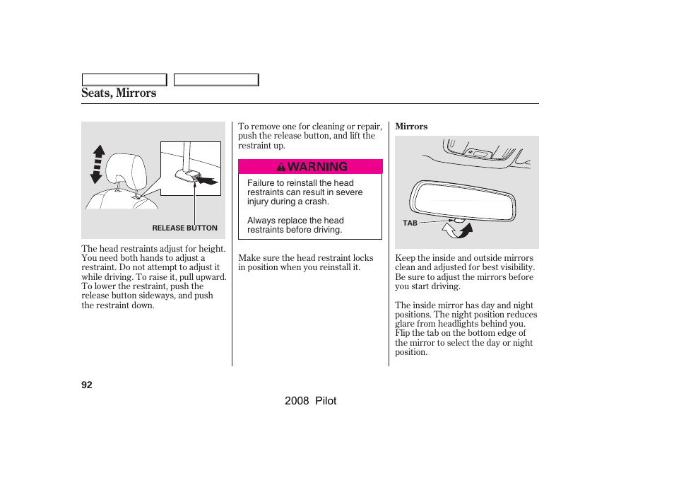 Seats, mirrors | HONDA 2008 Pilot User Manual | Page 96 / 329