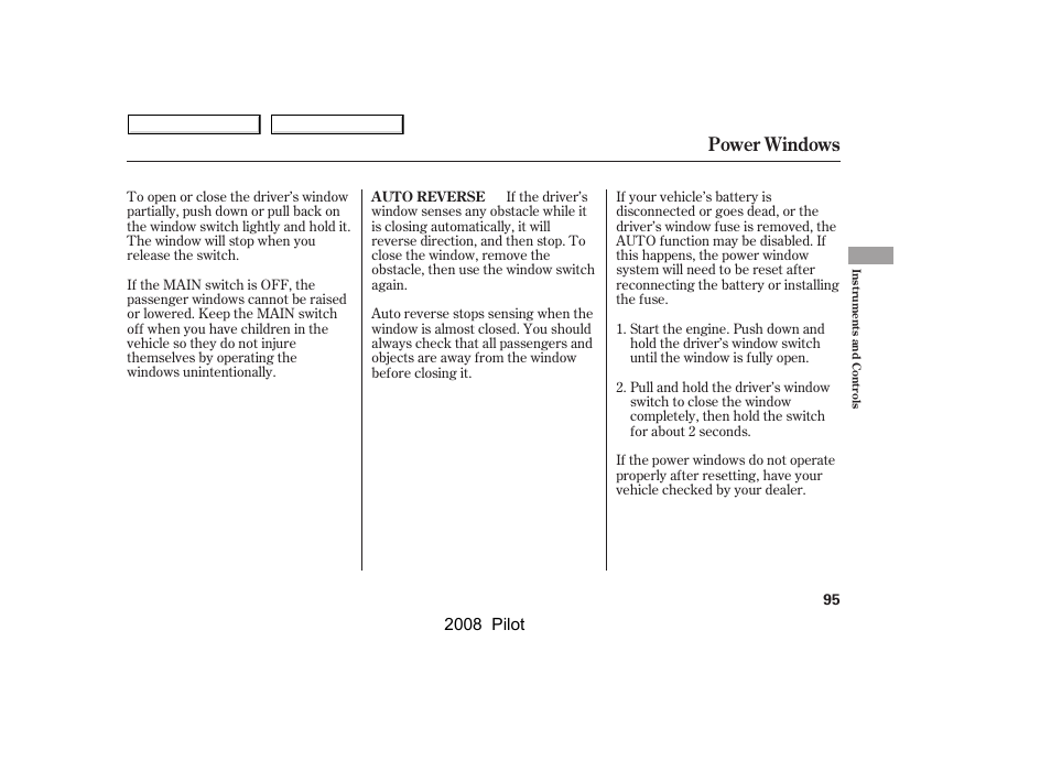 Power windows, 2008 pilot | HONDA 2008 Pilot User Manual | Page 99 / 329