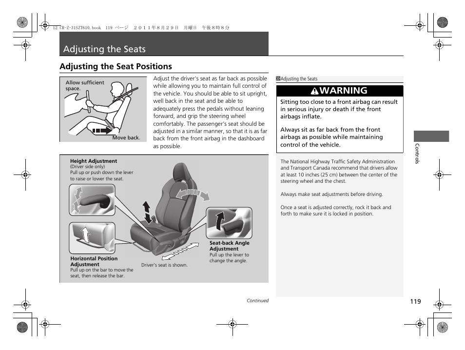 Adjusting the seats, P 119, Adjusting the seats p. 119 | Adjusting the seat positions, Warning | HONDA 2012 CR-Z User Manual | Page 121 / 332