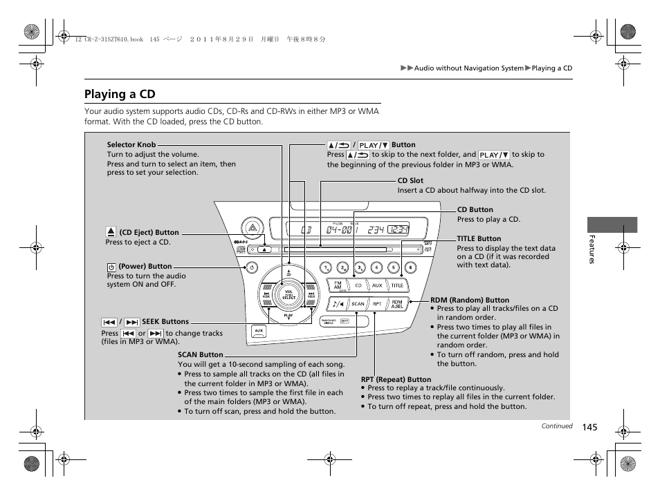 Playing a cd | HONDA 2012 CR-Z User Manual | Page 147 / 332