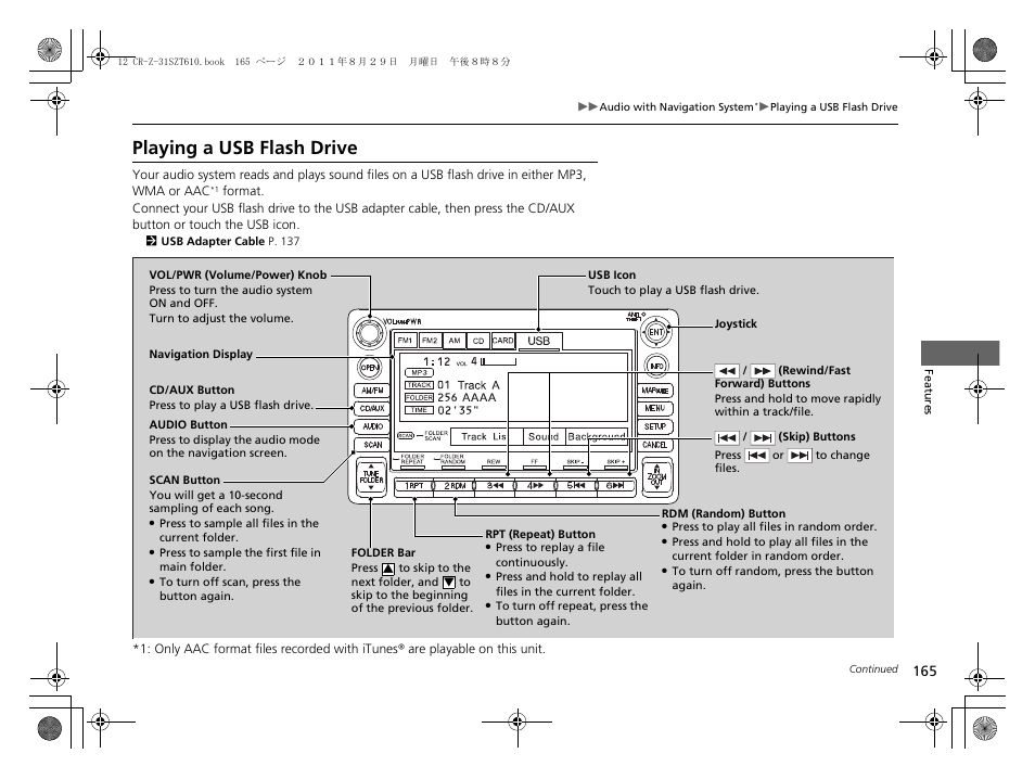 Playing a usb flash drive | HONDA 2012 CR-Z User Manual | Page 167 / 332