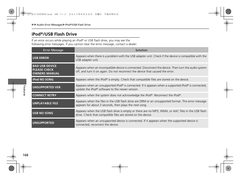 Ipod®/usb flash drive | HONDA 2012 CR-Z User Manual | Page 170 / 332