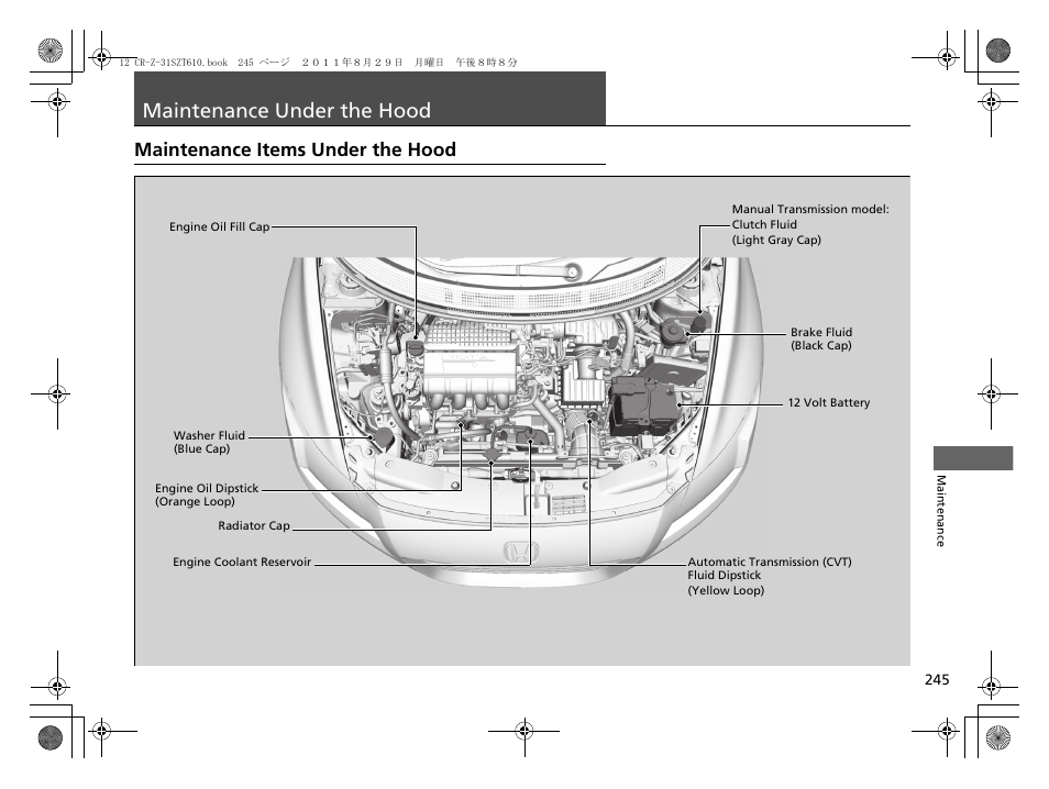 Maintenance under the hood, P 245, P245 | Maintenance items under the hood | HONDA 2012 CR-Z User Manual | Page 247 / 332