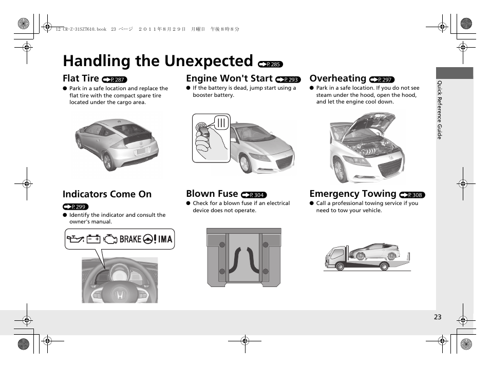 Handling the unexpected (p285), Handling the unexpected, Flat tire | Indicators come on, Engine won't start, Blown fuse, Overheating, Emergency towing | HONDA 2012 CR-Z User Manual | Page 25 / 332